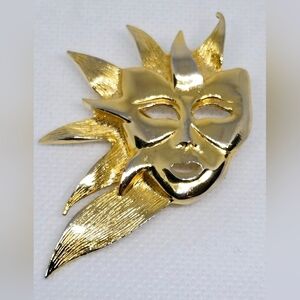Vintage Gold Tone Theater Mask Brooch